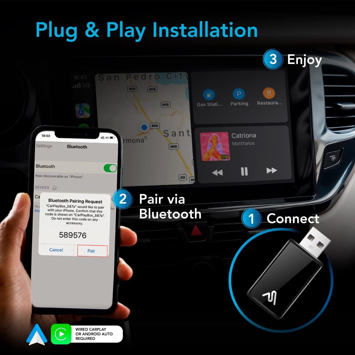 AutoSky WUA-8 - Draadloze CarPlay Adapter - Plug & Play - Compact Ontwerp